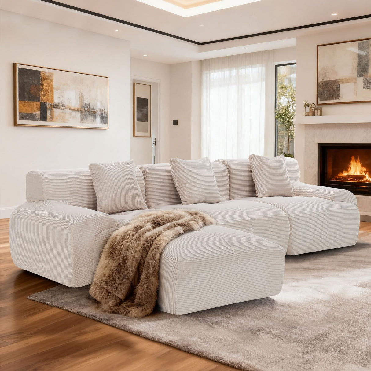 120" Modular Boneless Couch Cloud Couch Sectional Couches for Living Room with Ottoman, Modern L-Shaped Modular Sectional Sofa with Deep Seat, Corduroy 3-Seater Sleeper Sofas for Living Room (Beige) Aaron Living