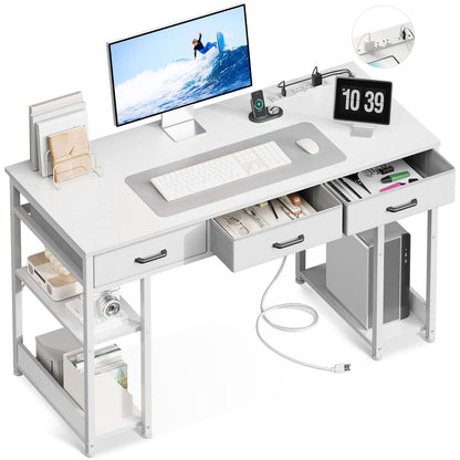 AODK 48 Inch Computer Desk with Fabric Drawers & Power Outlets, Office Desk with Storage Shelves & CPU Stand, Writing Study Table, Small Desk for Bedroom, White