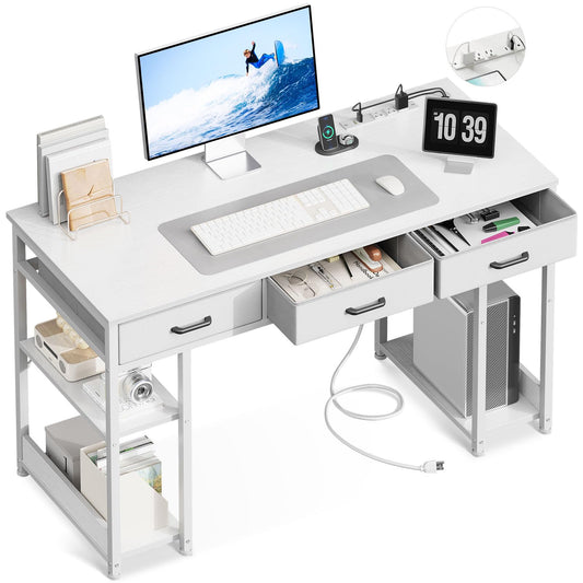 AODK 48 Inch Computer Desk with Fabric Drawers & Power Outlets, Office Desk with Storage Shelves & CPU Stand, Writing Study Table, Small Desk for Bedroom, White