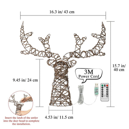 Lewondr Christmas Tree Topper, Metal Frame Deer Tree Topper with 50 Warm Light Beads, Remote & USB Operated Tree Topper with Lights 6H Timer, Xmas Tree Decor for Holiday Home Decoration, Brown