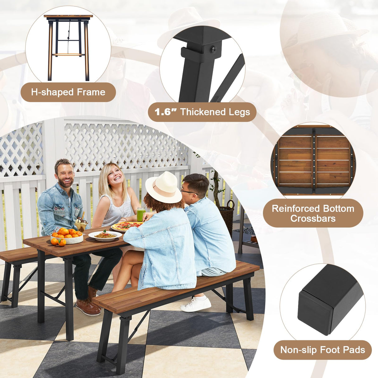 Tangkula Outdoor Dining Table With Benches for 4-6 Persons, No Assembly Foldable 59 Inches Narrow Patio Dining Table with Acacia Wood Top & Heavy Duty Metal Frame, for Yard, Garden, Poolside or Indoor Tangkula