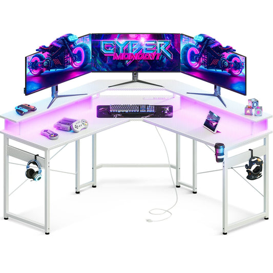 ODK L Shaped Gaming Desk with LED Lights & Power Outlets, 51" Computer Desk with Full Monitor Stand, Corner Desk with Cup Holder, Gaming Table with Hooks, White Carbon Fiber - WoodArtSupply