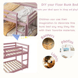 Harper & Bright Designs Low Bunk Beds Twin Over Twin Wood Twin Bunk Bed Frame with Safety Rail Ladder for Kids Bedroom Twin Floor Bunk Bed for Boys Girls Teens, Pink Harper & Bright Designs