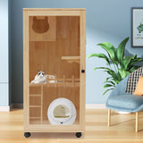 KUMOYOU Wooden Cat House, Large Space Kitten Cage, Enclosure Catio with Ramp and Covered, Lockable Wheels Double Layer Pet Home, Animal Cages for Outdoor Indoor Terrace (Wood, H47.24Inch) KUMOYOU
