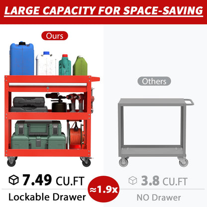 3 Tier Rolling Tool Cart, Tool Cart with Wheels and Drawers, 500 LBS Capacity Service Utility Cart, Mechanic Tool Cart on Wheels for Garage, Warehouse, Repair Shop, Red