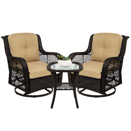 Best Choice Products 3-Piece Outdoor Wicker Patio Bistro Set w/ 2 360-Degree Swivel Rocking Chairs and Tempered Glass Top Side Table - Beige Best Choice Products
