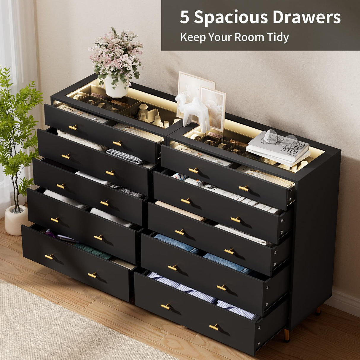 JanflyHome Drawer Dresser with LED Lights, 39" H Tall Tempered Glass Top Dresser, Modern Wood Chest of Drawers with Jewelry Organizer, Wardrobe Closet Island for Bedroom, Living Room, Black JanflyHome