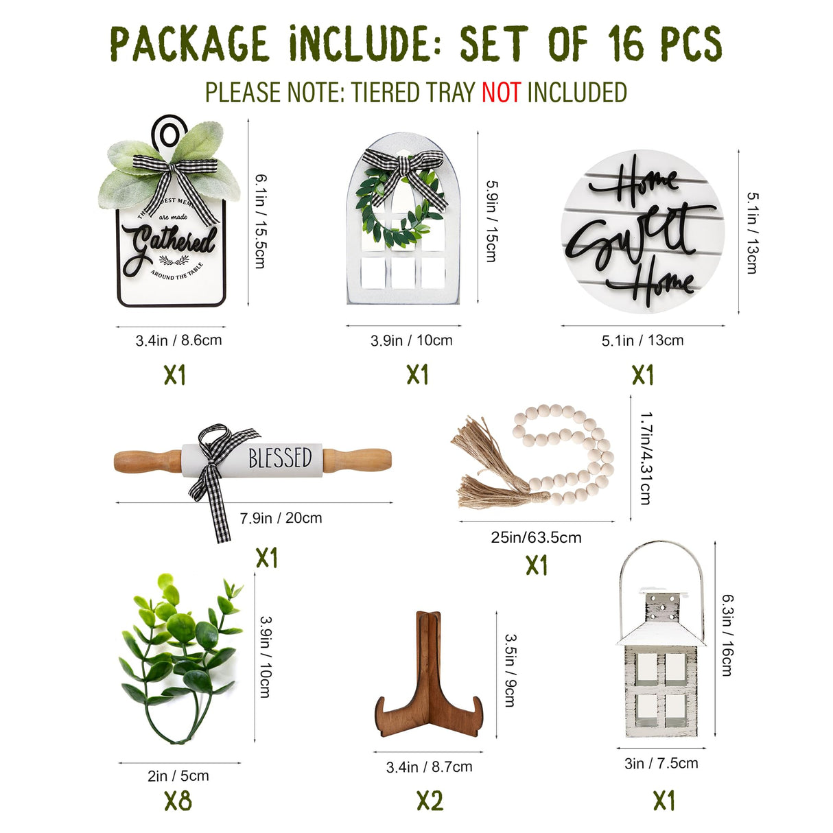Houmury Set of 16 Farmhouse Tiered Tray Decor with 1 Lantern Artificial Plant& Cutting Board Sign for Rustic Home Kitchen Decor Tier Tray Decor Set (Tiered Tray Not Included) Houmury