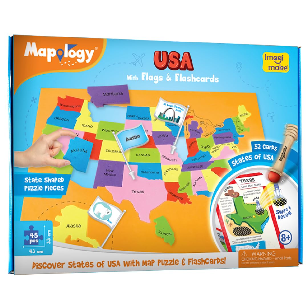 Imagimake Mapology United States Flash Card Puzzle with Flags, Country- Capitals | Educational Toys for Kids Ages 5-8 | Learn Geography Puzzles for kids Ages 8-10 | Christmas Gift for Boys & Girls Imagimake