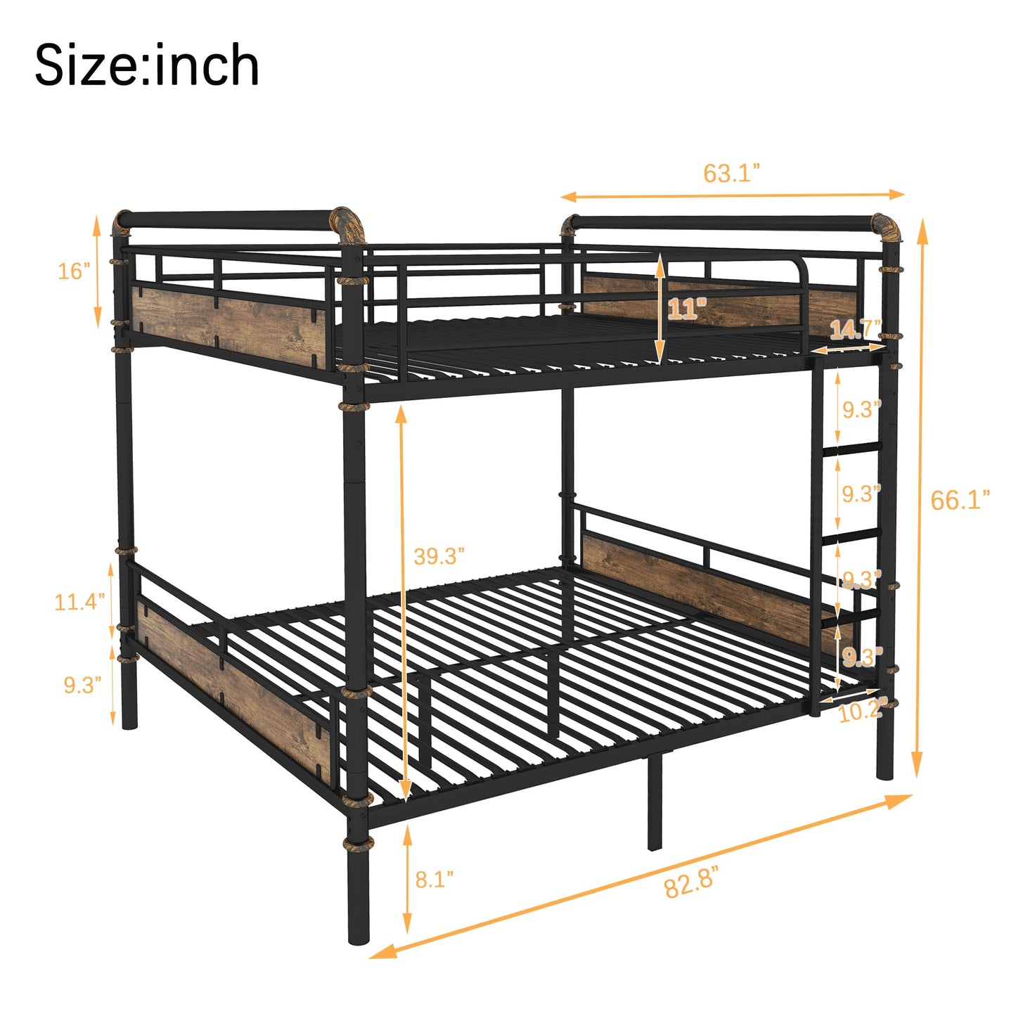 Queen Over Queen Bunk Bed, Heavy Duty Metal Queen Bed Frame,Industrial Detachable Bunkbeds with Safety Guard Rails and Full-Length Guardrails,Noise Free for School, Bedroom (Queen)