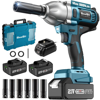 Seesii Cordless Electric Impact Wrench 1/2 inch for Car Home, 665Ft-lbs(900N.m) Brushless, 3300RPM High Torque Gun w/ 2x 4.0Ah Battery,Charger & 6 Sockets, WH710 - WoodArtSupply