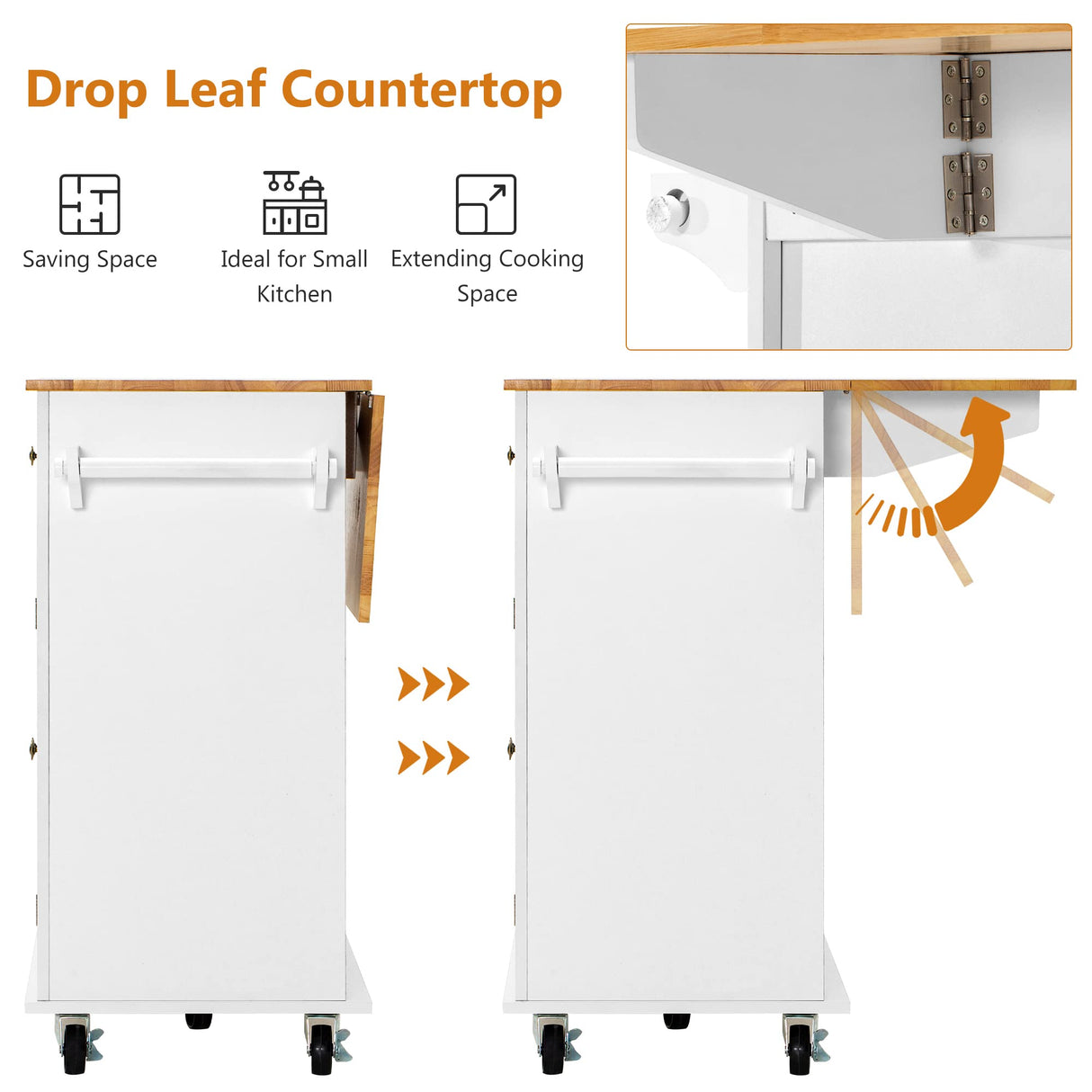 Squireewo Kitchen Cart with Wood Top and Drop Leaf Breakfast Bar, Rolling Mobile Kitchen Island Table on Wheels with Drawer and Storage Cabinet, Spice Rack, Towel Rack, White Squireewo
