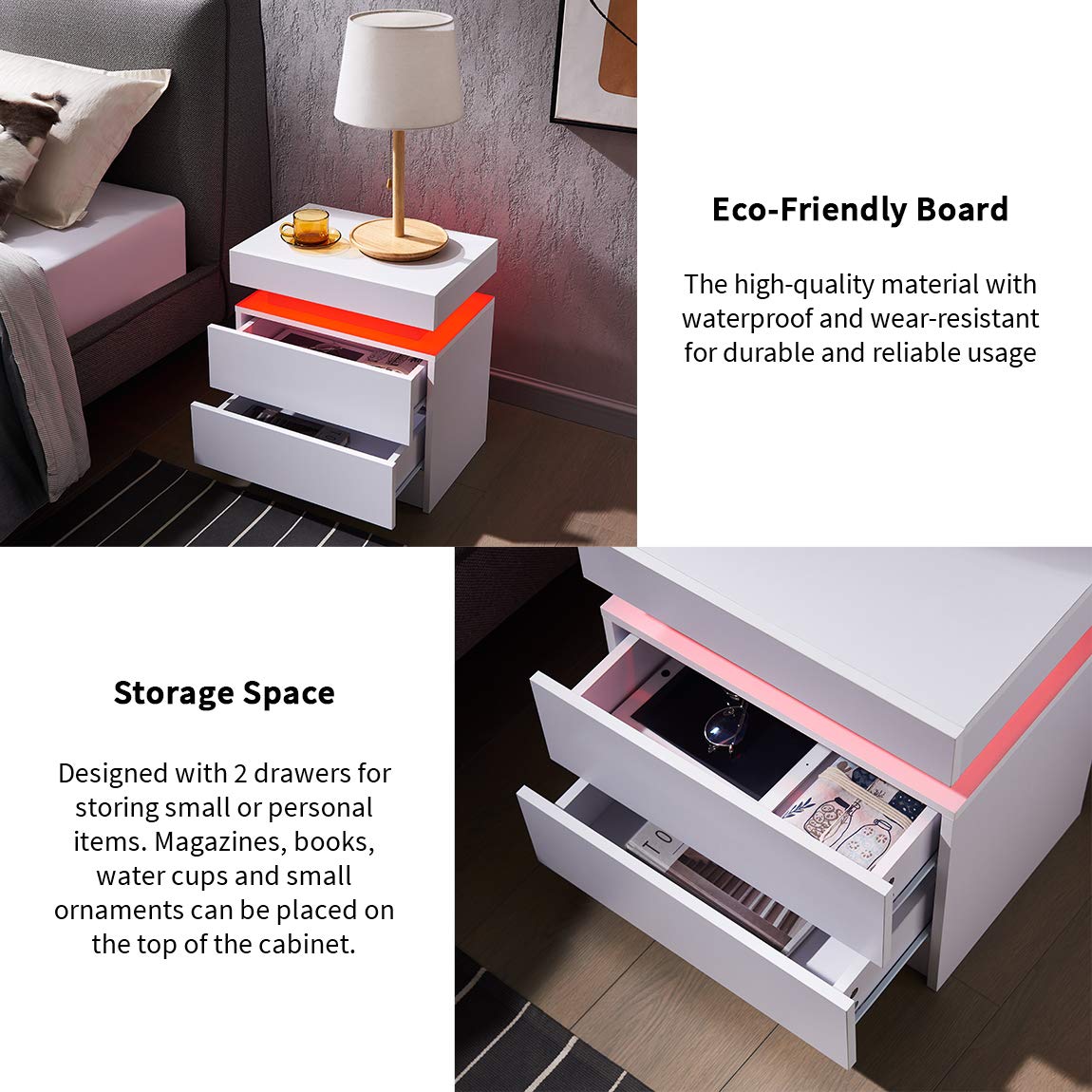 Generic Nightstand LED Set of 2 Bedside Table LED Cabinet with LED Lights Modern End Side Table with 2 Drawers for Bedroom (White), 13D x 19W x 20H in (JCFDB) - WoodArtSupply