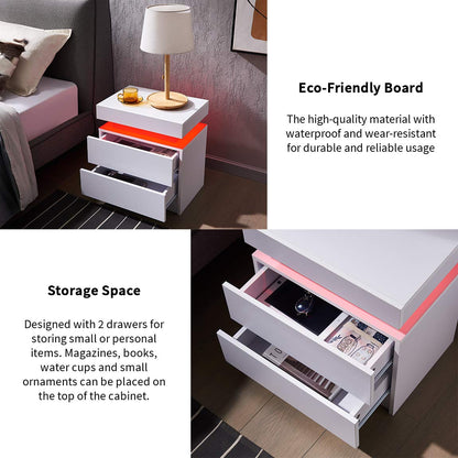 Generic Nightstand LED Set of 2 Bedside Table LED Cabinet with LED Lights Modern End Side Table with 2 Drawers for Bedroom (White), 13D x 19W x 20H in (JCFDB) - WoodArtSupply