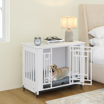 YITAHOME Dog Crate Furniture, 31.9" Heavy Duty Dog Cage, Wooden Side End Table with Wheels, Chew-Resistant Metal Dog Kennel with Removable Tray, Dog House Indoor for Small Medium Dogs, White - WoodArtSupply