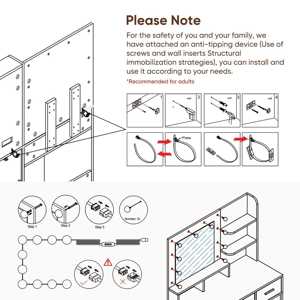 OTDMEL 37" W Makeup Vanity Desk,Vanity Desk with LED Lighted Mirror & Power Outlet,Makeup Table with 4 Drawers,3 Color Modes & Adjustable Brightness Dressing Table for Bedroom, White OTDMEL