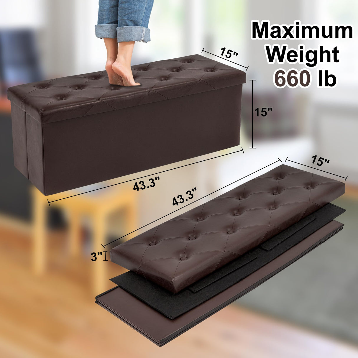 GLAXYFUR Storage Ottoman Bench, 43 Inches Folding Ottoman with 2 Dividers, PU Leather Foot Rest, End of Bed Bench, Storage Chest for Living Room, Bedroom and Entryway, Brown GLAXYFUR