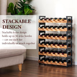 MyGift 6-Tier Freestanding Wine Bottle Rack with Burnt Solid Wood Shelf and Industrial Matte Black Metal Frame, Large Horizontal Wine Bar Storage Stand for 36 Bottles MyGift