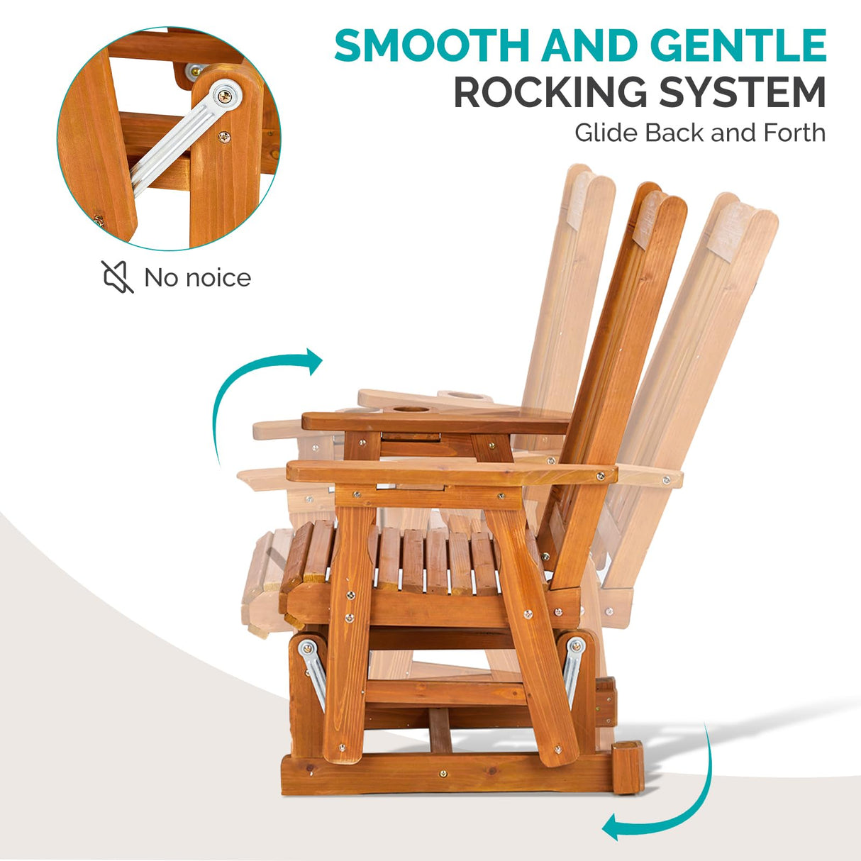 VINGLI Outdoor Glider Chair Wood Patio Glider with Cup Holder, Porch Glider with Smooth Rocking Mechanism, Heavy Duty 600 LBS VINGLI