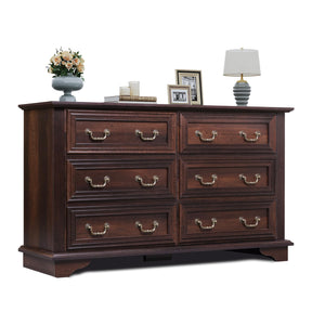 WLIVE Wood Dresser for Bedroom with 6 Drawer, 51.97'' Wide, Farmhouse Long Storage Dresser Organizer with Roman Metal Handle, TV Stand for 60 inch TV, Chest of Drawers for Living Room, Hallway, Brown WLIVE