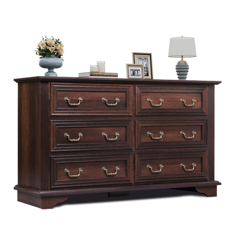 WLIVE Wood Dresser for Bedroom with 6 Drawer, 51.97'' Wide, Farmhouse Long Storage Dresser Organizer with Roman Metal Handle, TV Stand for 60 inch TV, Chest of Drawers for Living Room, Hallway, Brown WLIVE