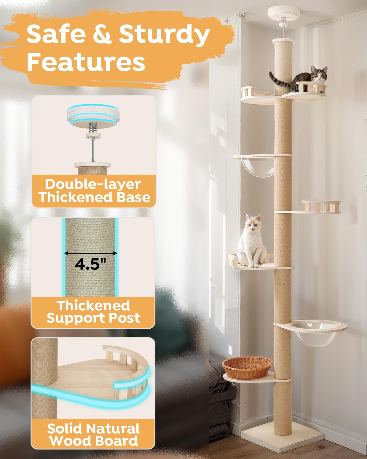 Veehoo Cat Tree Floor to Ceiling-Cat Tower Ajustable Height(106-123 Inches)-Tall Cat Tree with 4.3" Thickened Post, Large Cat Tree Tower for Indoor Cats Veehoo