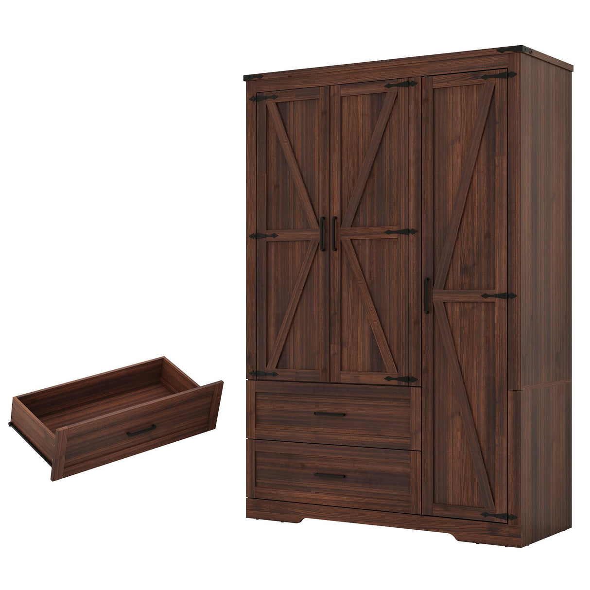 Farmhouse Wardrobe Armoire Closet with 3 Doors and 2 Drawers, 70.1" Wooden Clothing Storage Cabinet, Freestanding Large Capacity Storage Wardrobe Armoire with Hanging Rod for Bedroom, Brown St.Mandyu