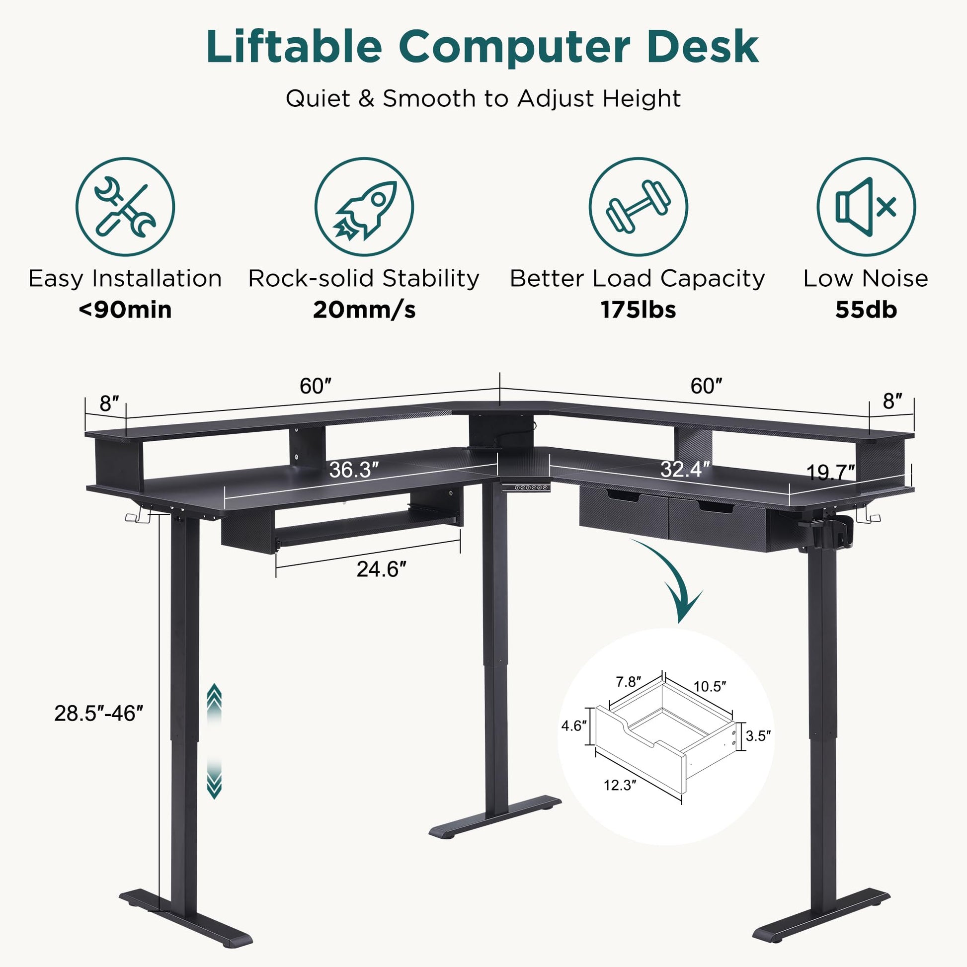 RedLemon 60 Inches L Shaped Electric Standing Desk, Height Adjustable Corner Gaming Desk with Drawers, Power Outlets & LED Lights, Comnputer Desk with Monitor Shelf, Carbon Fiber Black - WoodArtSupply