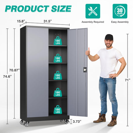 SISESOL Metal Storage Cabinet with Wheels,75 inch Rolling Garage Storage Cabinet with Lock,Gray Metal Cabinets with Wheels and Shelves,Tall Tool Cabinets on Wheel for Garage,Home,Office,Shop SISESOL
