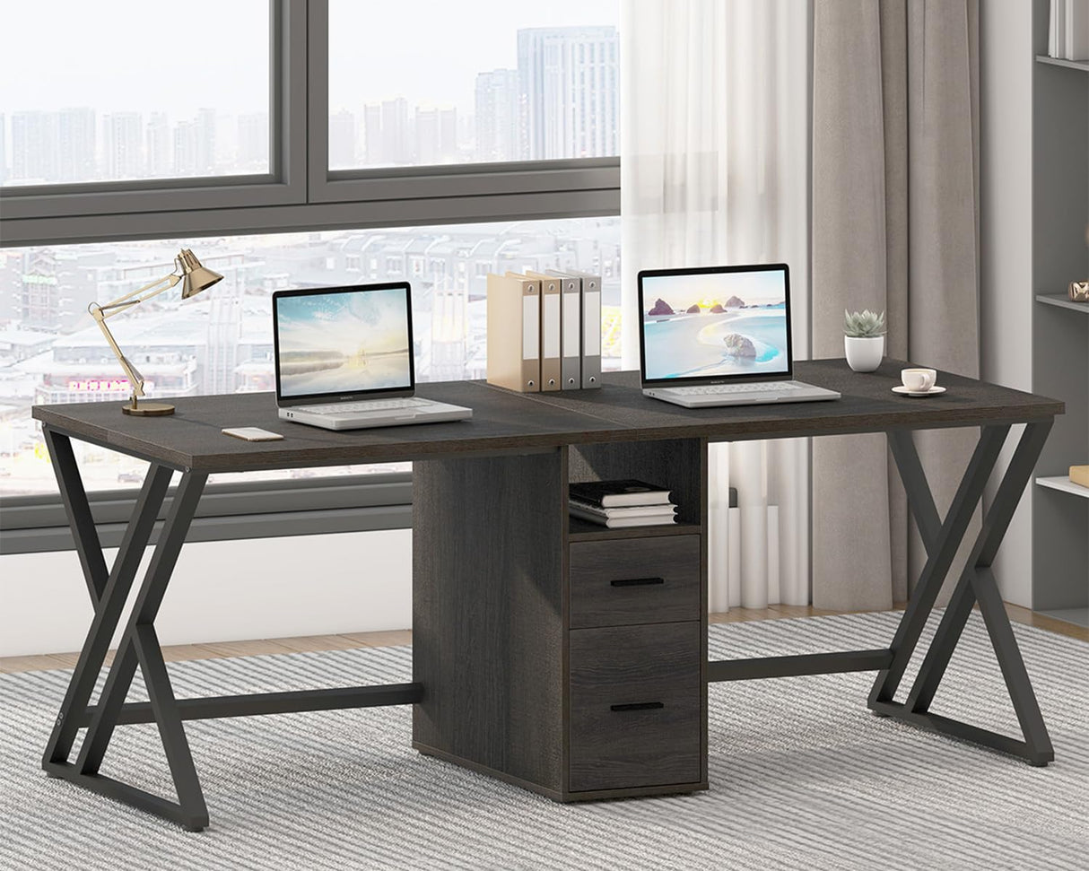 LVB Extra Long 2 Person Desk, Large Rustic Computer Desk with File Drawer, Industrial Wood Double Desk with Storage Cabinet Shelf, Modern PC Writing Study Work Dual Executive Office Desk, Gray, 79 in LVB