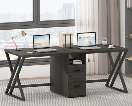 LVB Extra Long 2 Person Desk, Large Rustic Computer Desk with File Drawer, Industrial Wood Double Desk with Storage Cabinet Shelf, Modern PC Writing Study Work Dual Executive Office Desk, Gray, 79 in LVB