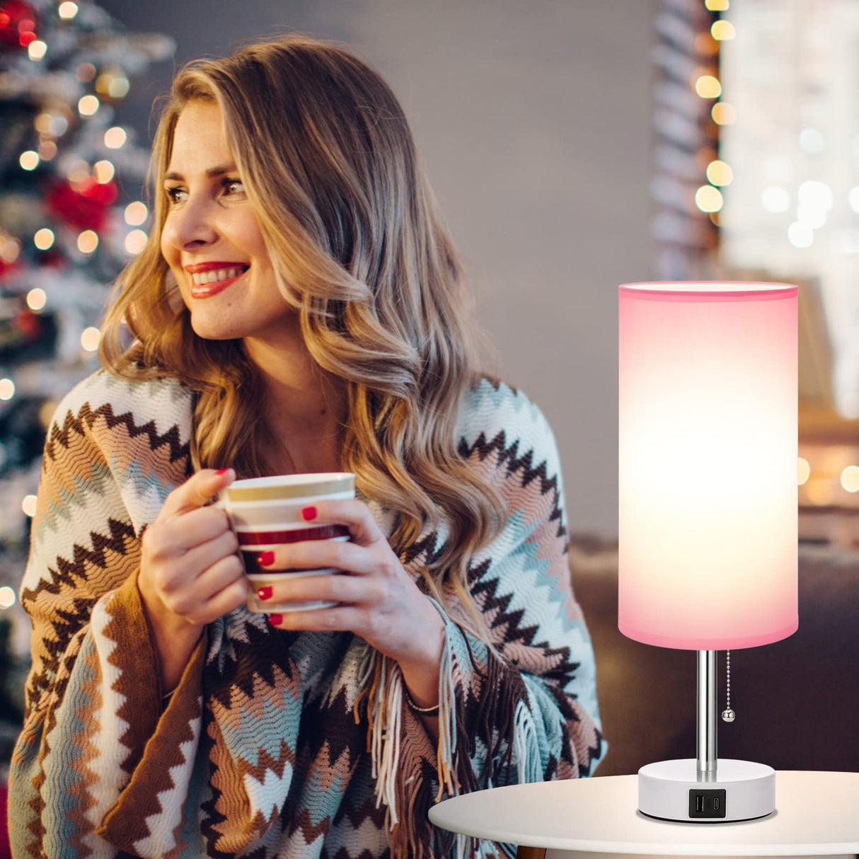 Hong-in Pink Lamp for Bedroom,Nightstand Lamp with 3 Color Modes-Small Bedside Lamp with USB-C+A Charging Ports, Pull Chain Bedroom Table Lamp for Bedroom, Office, Kids Room(Bulb Included) Hong-in