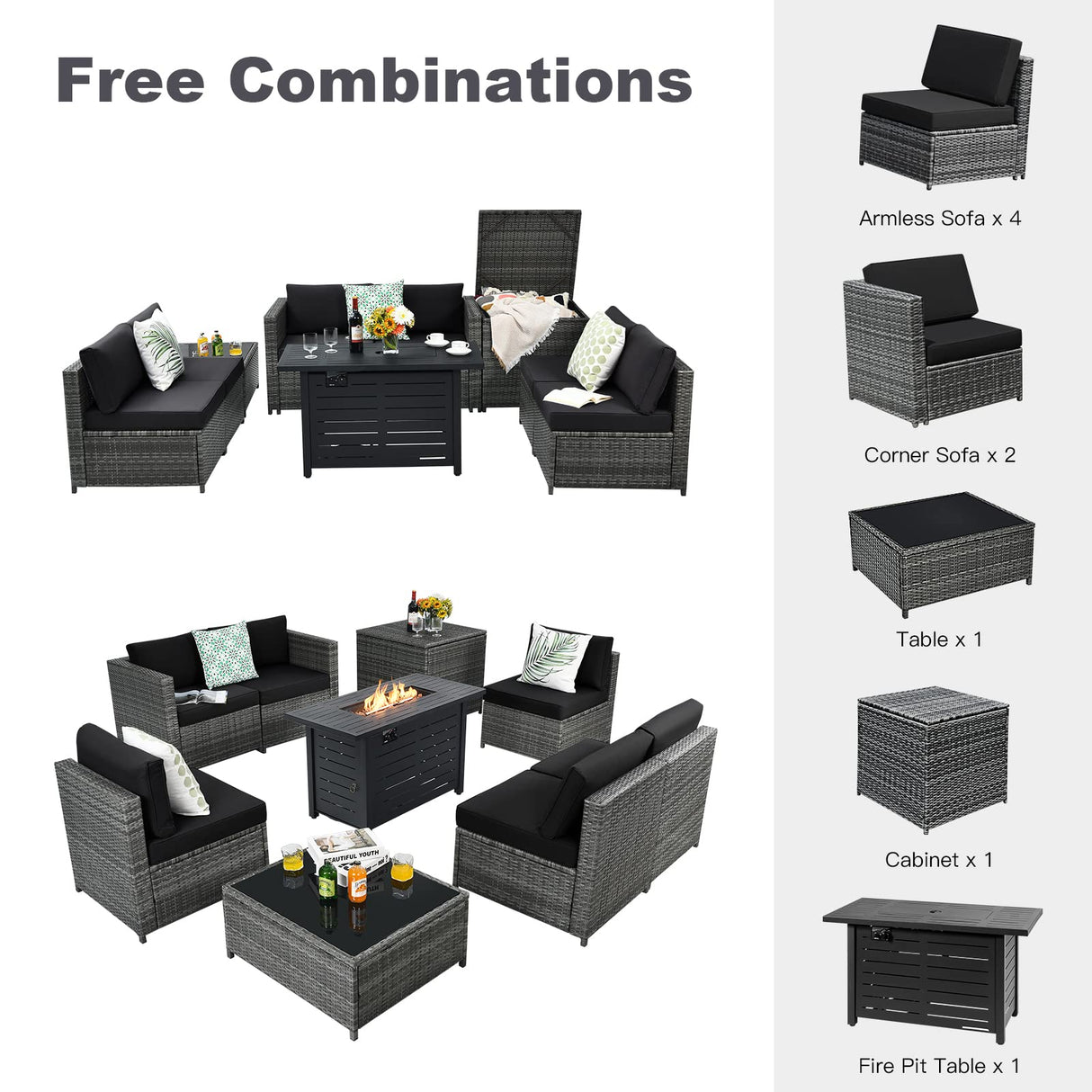 Tangkula 9 Pieces Patio Rattan Furniture Set, Patiojoy Sectional Sofa Set w/Storage Box, Coffee Table, Outdoor Wicker Conversation Set w/ 42” ETL Approved Propane Fire Pit Table (Black) Tangkula