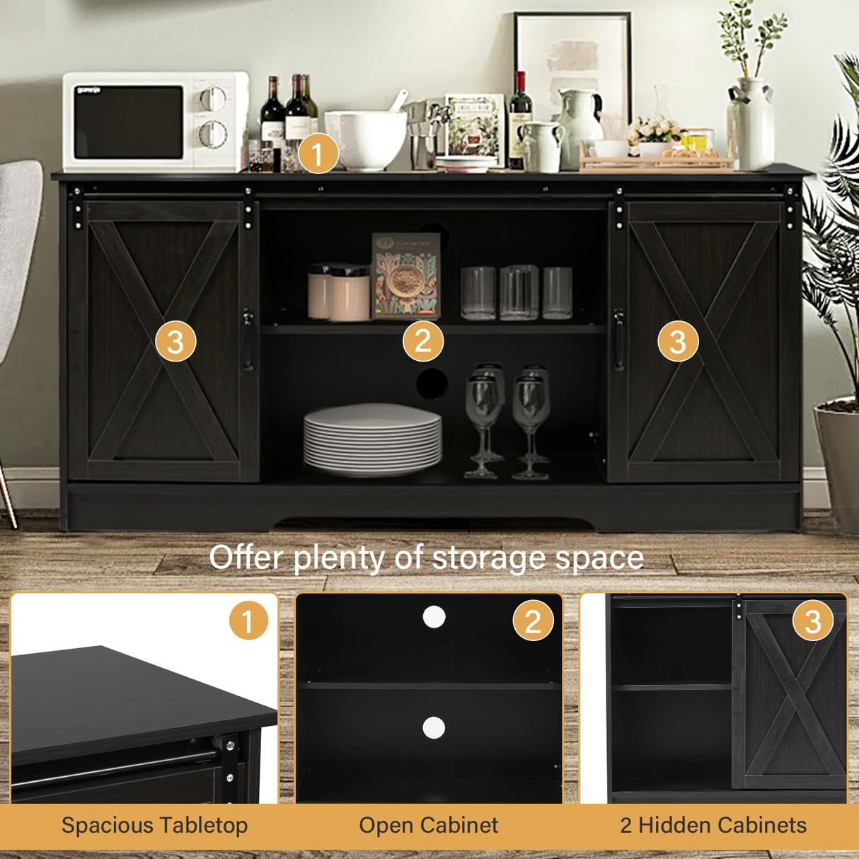 4 EVER WINNER Coffee Bar Cabinet with Sliding Barn Doors, 59" Sideboard Buffet Cabinet with Storage, Farmhouse Buffet Cabinet Serving Table Cupboard for Dining Room, Espresso 4 EVER WINNER