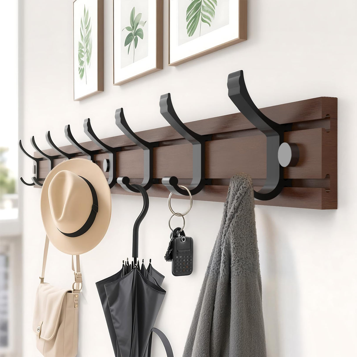HAVEDAWN Adjustable Coat Rack Wall Mount, Coat Hooks with 8 Sliding Dual-Tier Hooks, Heavy Duty Hanger for Jackets, Hats, Solid Pine Wood & Metal, Farmhouse Chic Entryway Organizer, Easy Install HAVEDAWN