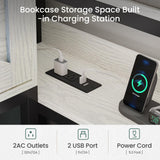 DICTAC Corner Full Bed Frame with Storage Drawers and Charging Station Farmhouse Metal Platform Bed Frame with Sliding Barn Doors and Led Lights Full Daybed with Storage Headboard,Black & White DICTAC