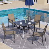 Anmutig 5 Piece Patio Dining Set for 4, 35” Square Table with Umbrella Hole, 4 Metal Sling Chairs, Outdoor Table and Chairs Set for Lawn Backyard and Deck Brown Anmutig