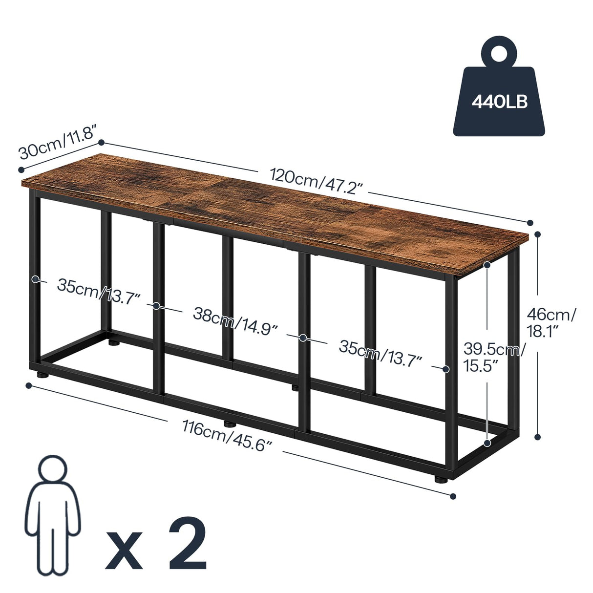 HOOBRO Dining Bench, 47.2 Inch Dining Table Bench, Industrial Style Kitchen Bench, Steel Frame, Easy to Assemble, for Kitchen, Dining Room, Rustic Brown and Black BF45CD01 HOOBRO