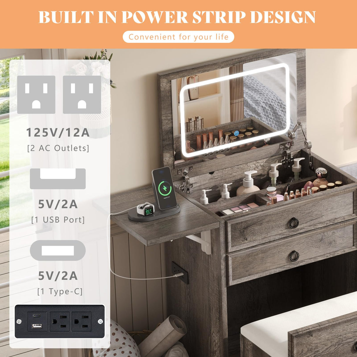 AMERLIFE 3-in-1 Makeup Vanity with Sliding Stool, Fold-up Panel, Divided Storage & Power Port, Farmhouse Makeup Table with Adjustable LED Light, for Small Space, Rustic Oak AMERLIFE