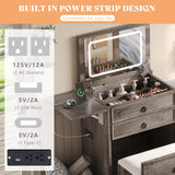 AMERLIFE 3-in-1 Makeup Vanity with Sliding Stool, Fold-up Panel, Divided Storage & Power Port, Farmhouse Makeup Table with Adjustable LED Light, for Small Space, Rustic Oak AMERLIFE