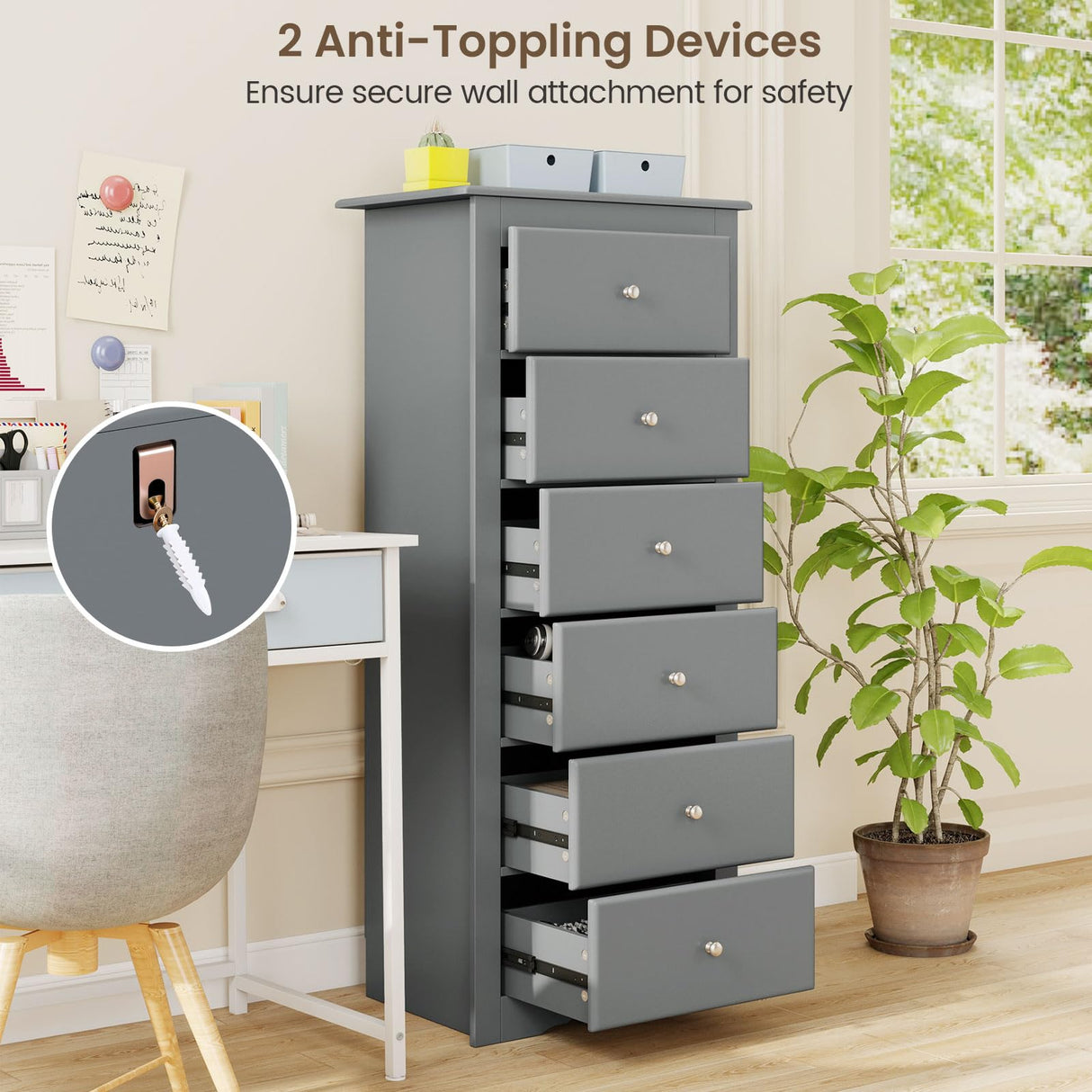 Giantex 6-Drawer Dresser for Bedroom, Wooden Chest of Drawers w/Metal Handles & Large Capacity, 16" D x 23" W x 53.5" H Clothes Organizer, Modern Tall Dresser for Bedroom, Entryway, Living Room Giantex