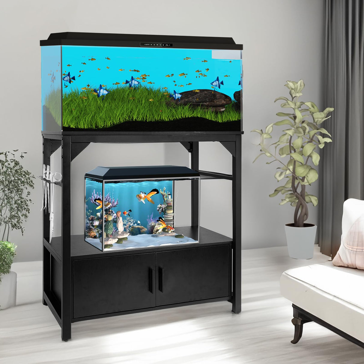 YEMOO Aquarium Stand 20-29 Gallon, 29 Gallon Fish Tank Stand with Aquarium Tools Organizer, 3 Tier Breeder Tank Stand with Storage Cabinet, Heavy Duty Metal Frame for 20 - 29 Gallon Long Aquarium YEMOO