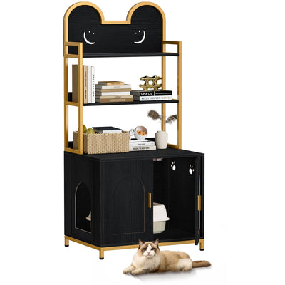 Snughome Cat Litter Box Enclosure with Storage Shelves, Indoor Hidden Cat Litter Box Enclosure Furniture, Wooden Cat Washroom Furniture Cabinet with Metal Frame, Modern Style, Black and Gold
