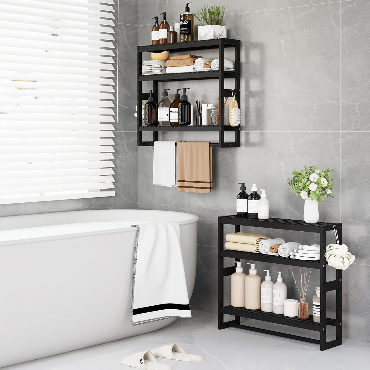 RRX Bathroom Shelf Storage Organizer, Bathroom Shelf 3-Tier Adjustable Layer Bamboo Organizer with Bar, Hanging, Freestanding Over Toilet Utility Shelves, Black RRX