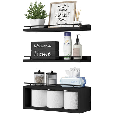 WOPITUES Floating Shelves with Cube Shelf, Wall Shelves with Metal Rail for Bathroom Decor, Over Toilet Bathroom Organizers and Storage, Toilet Paper-Black