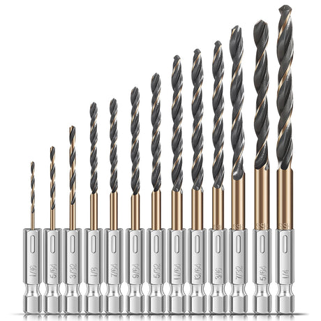 13pcs Hex Shank Drill Bit Set, Professional HSS Nitriding Twist Drill Bits, Upgrade Black and Gold Coated Drill Bit, Quick Change Design for Wood, Steel, Metal, and Plastic, 1/16IN to 1/4IN. Jonchinjn