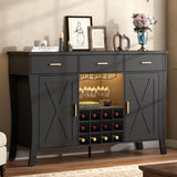 Wine Bar Cabinet with LED Light,Farmhous Liquor cabinet with Wine and Glass Rack,Coffee Station with Storage cabinet and 3 drawers,Buffet Sideboard with Arc Design for Kitchen,living room (Black) Gyfimoie