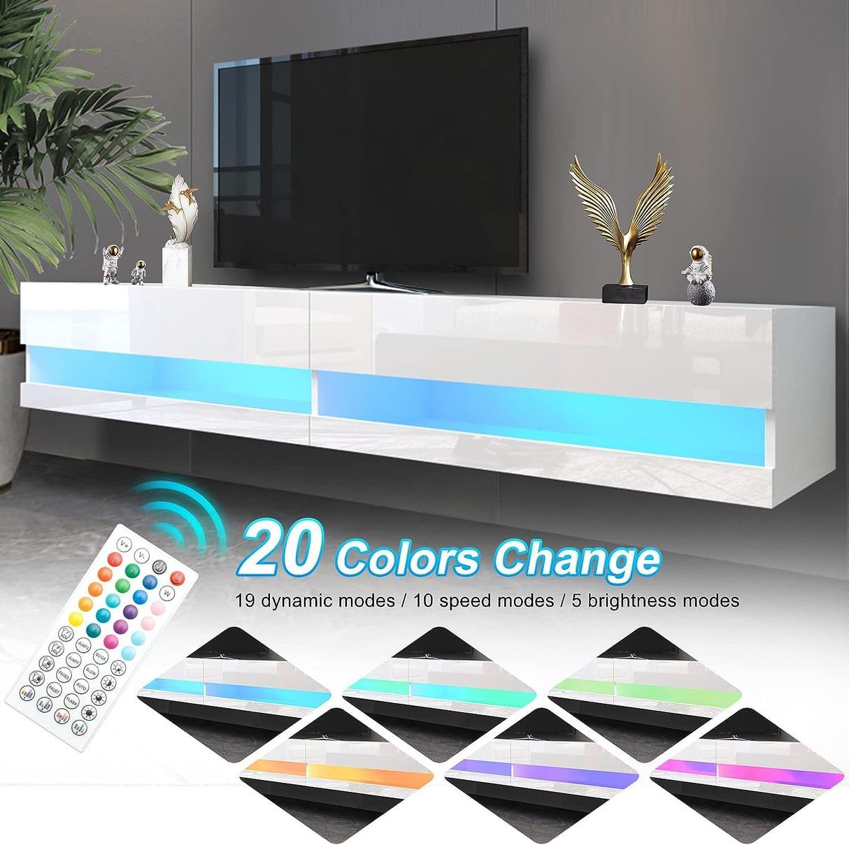 St.Mandyu Floating TV Stand for TVs Up to 85 inch,71'' Modern Entertainment Center with LED Lights and Power Outlets,Wall Mounted Media Console Hanging TV Shelf(White) St.Mandyu