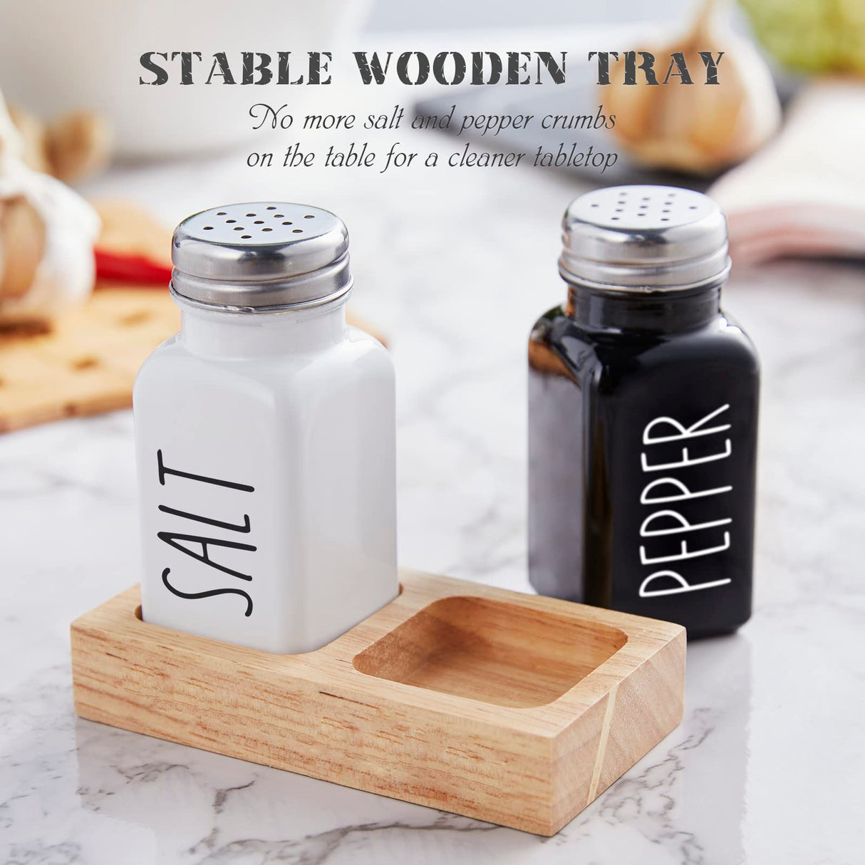 Salt and Pepper Shakers Set with Holder - Dopeca Glass Salt Shaker with Wood Caddy for Kitchen Counter or Table - Black and White Kitchen Decor and Wedding Gifts -2.7 oz dopeca