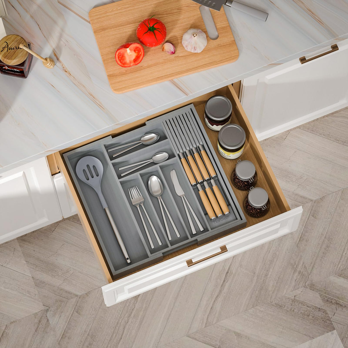 TIOPGHAD Bamboo-Silverware-Drawer-Organizer-Kitchen, Expandable Utensil Holder Cutlery Tray Flatware Organization Adjustable Wood Tableware Dividers Storage (with Removable Knife Block)(Grey) TIOPGHAD